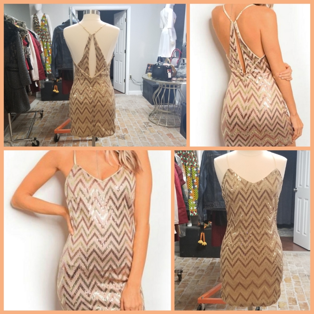 Gold chevron sequin cocktail mini dress